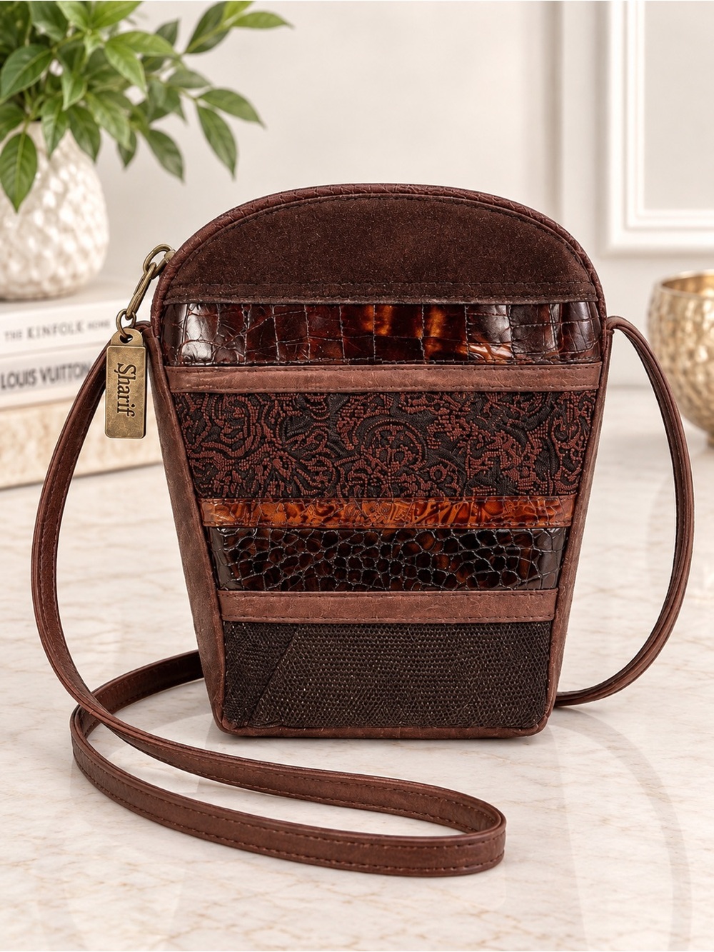 Sharif Brown Leather Patchwork Crossbody Bag Croc Paisley Boho purse